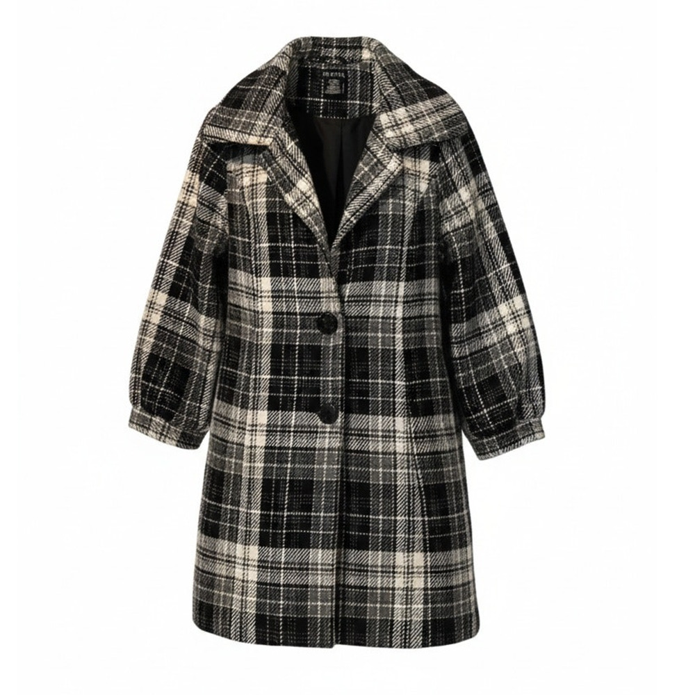 George Coat Womens‎ Medium Wool Black/White Plaid Longline Overcoat Button Front